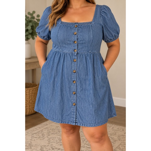 Old Navy Dresses & Skirts - Old Navy Denim Mini Chambray Dress XL Square Neck Puff Sleeve Button Front BoHo